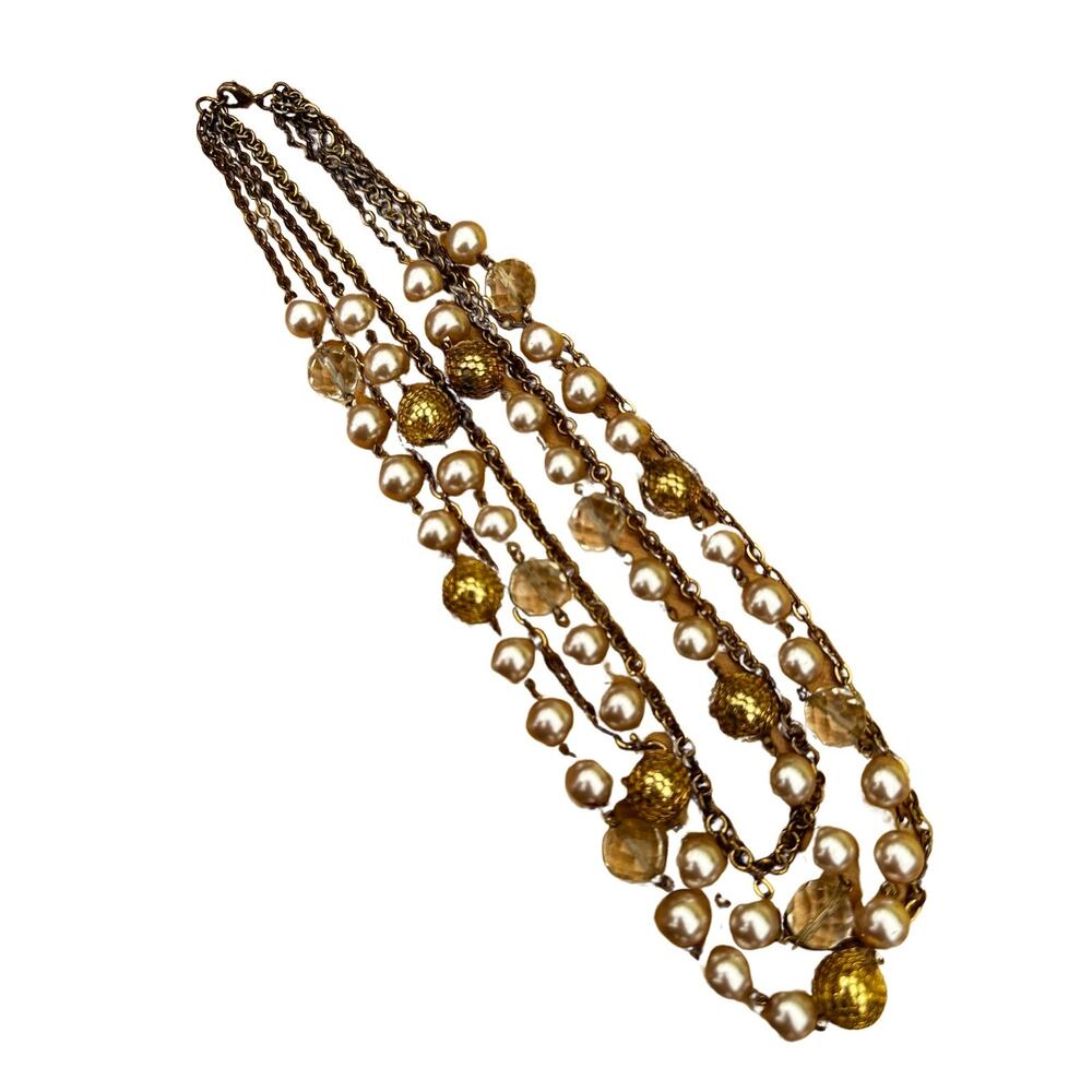 Vintage Four Strand Necklace with Faux Pink Pearls
